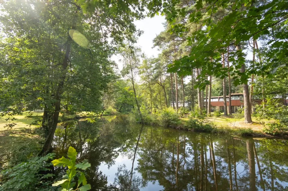 De camera is gericht op een kleine rivier tussen bomen en groen landschap, op de achtergrond, tussen de bomen door zijn vakantiehuisjes te zien